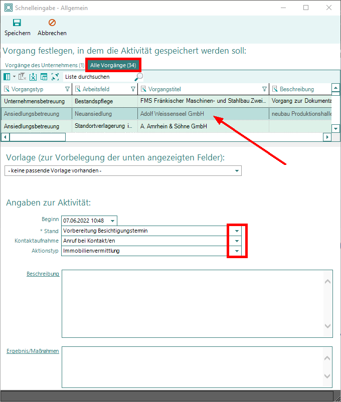 Tutorial-Ansiedlungen-Schnelleingabe-Aktivität-Vorgang-auswählen